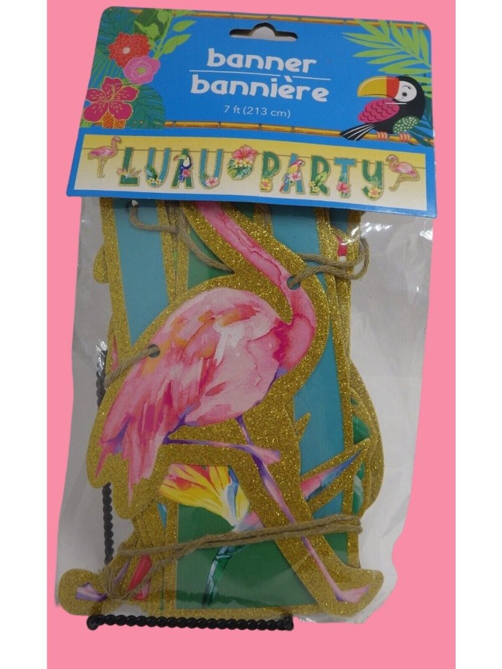 Luau Party Banner Pink Flamingo Parrot 7 Feet Glitter Garland Beach Pool Coastal